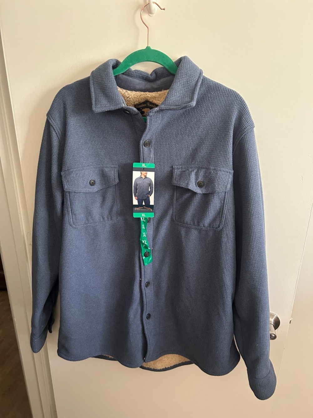 Sherpa-Lined Button-Front Shirt Jacket in Slate Blue - Unknown Brand